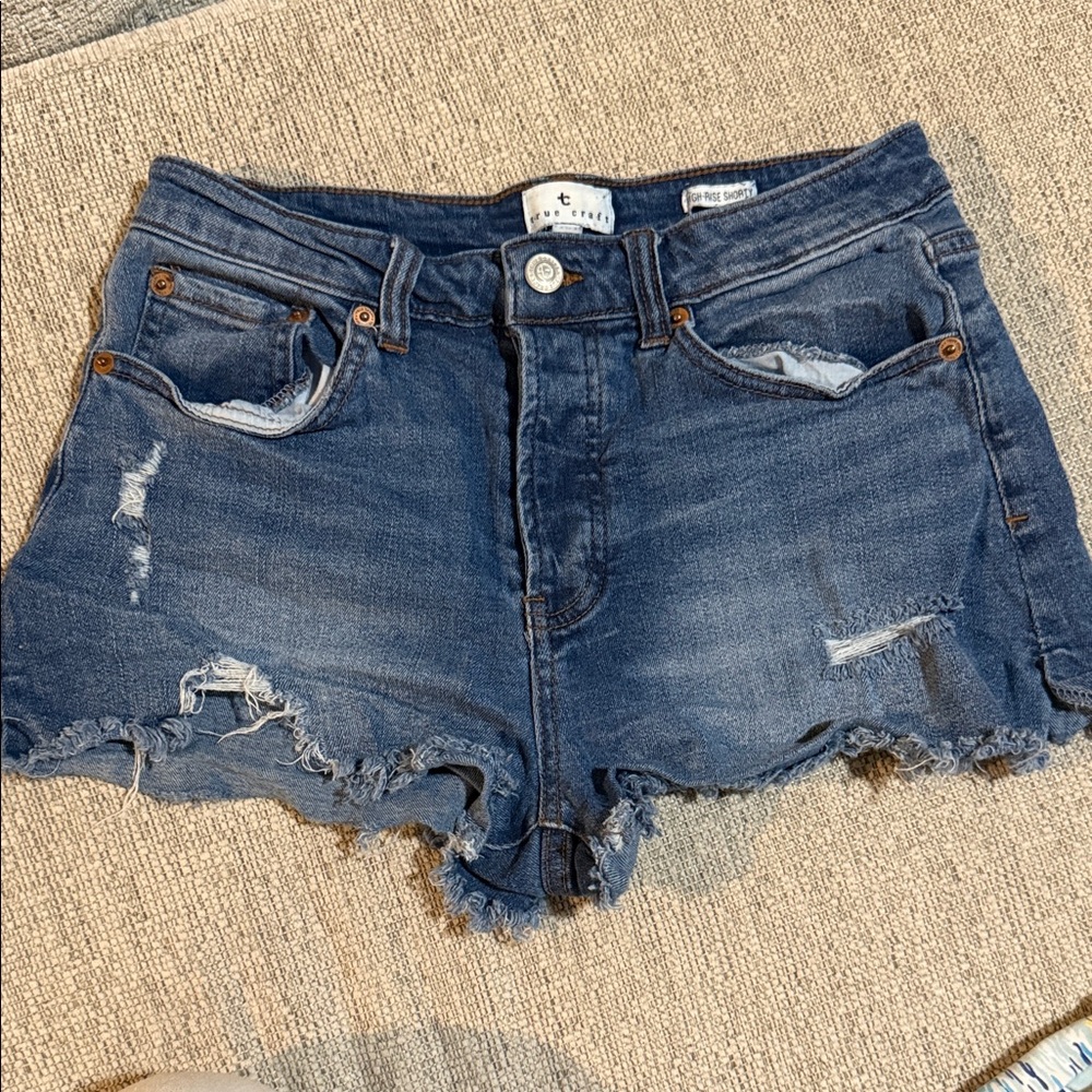 True craft Denim Blue Distressed Women Shorts holes sexy cut offs frayed fringe